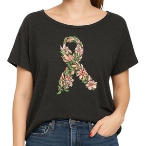 PROJECT X Floral Breast Cancer Graphic Tee Women XL Hawaii Plumeria Ribbon Grey